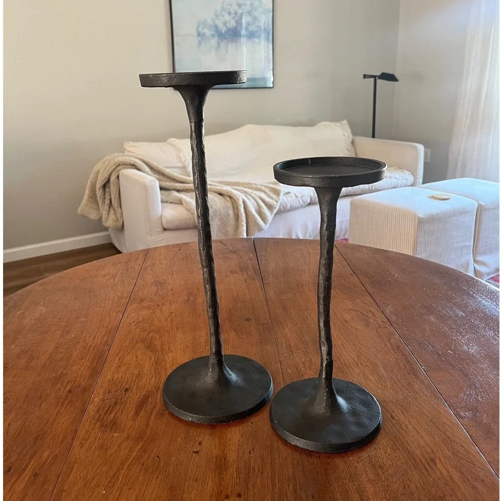 Pottery Barn Brutalist Hammered Cast Iron Candle Pillars